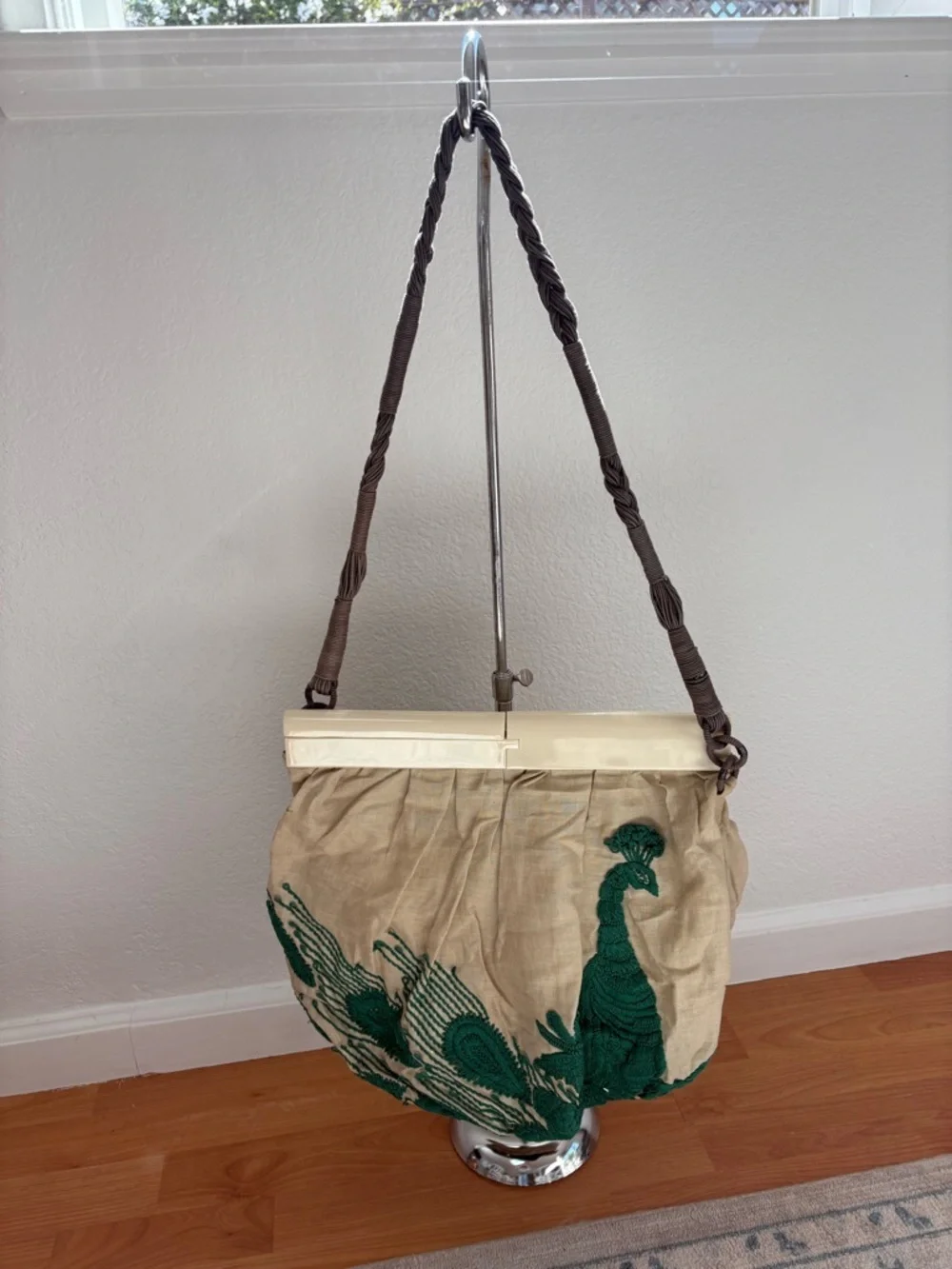 Beige Shoulder Bag with Green Peacock Embroidery
